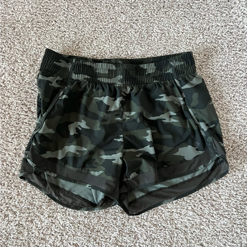 Athleta Green Camo Mesh Racer Run Shorts